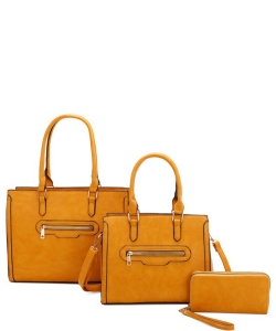 3 in 1 Plain Zipper Fashion Handbag Set LF22511 MUSTARD